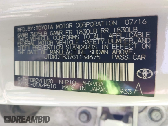 2016 Toyota Prius One with VIN JTDKDTB37G1134675, listed as a IAAI auction lot 41566114 with 72,702 mi miles. Bid and sale history available at carsss.com. Image 9.