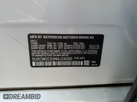 2022 BMW X7 xDrive40i with VIN 5UXCW2C03N9J24350, listed as a Copart auction lot 46865515 with 28,499 mi miles and Salvage Title. Bid and sale history available at carsss.com. Image 12.