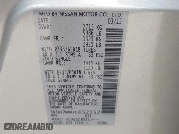 2015 Nissan Pathfinder SL с VIN 5N1AR2MM4FC652352, выставлен на аукционе IAAI как лот 42081523 с пробегом 102 687 миль миль и . История ставок и продаж доступна на DreamBid. Изображение 9.