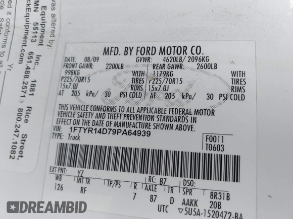 2009 Ford Ranger XL with VIN 1FTYR14D79PA64939, listed as a IAAI auction lot 42203707 with 189,629 mi miles and . Bid and sale history available at DreamBid. Image 9.