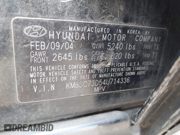 2004 Hyundai Santa Fe GLS with VIN KM8SC73D54U714336, listed as a IAAI auction lot 42079721 with 104,751 mi miles. Bid and sale history available at carsss.com. Image 9.