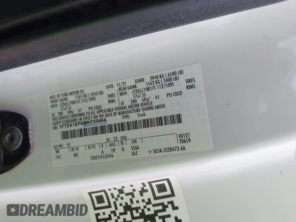 2021 Ford F-150 XL with VIN 1FTEX1EP8MKF05484, listed as a IAAI auction lot 42735641 with 78,951 mi miles and . Bid and sale history available at DreamBid. Image 9.