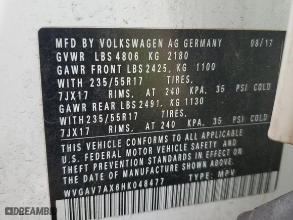 2017 Volkswagen Tiguan S with VIN WVGAV7AX6HK048477, listed as a Copart auction lot 67043284 with NaN miles and Salvage Title. Bid and sale history available at carsss.com. Image 14.