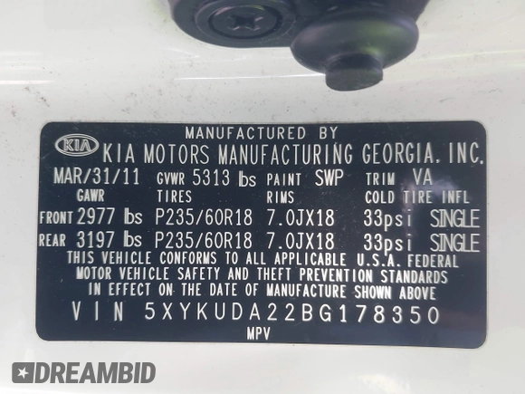 2011 Kia Sorento EX with VIN 5XYKUDA22BG178350, listed as a IAAI auction lot 42225234 with 107,674 mi miles and . Bid and sale history available at DreamBid. Image 9.