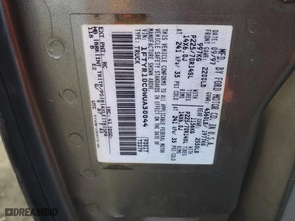 1998 Ford Ranger XL with VIN 1FTYR10C0WUA30044, listed as a Copart auction lot 43767385 with 194,546 mi miles and Salvage Title. Bid and sale history available at carsss.com. Image 12.