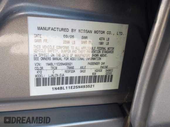 2005 Nissan Altima SE z VIN 1N4BL11E25N493521, wystawiony jako IAAI lot #42259248 z przebiegiem 141 651 mil mil oraz . Historia ofert i sprzedaży dostępna na DreamBid. Obrazek 9.