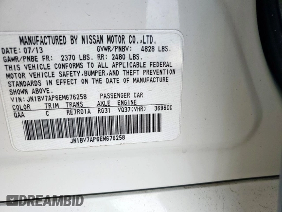 2014 Infiniti Q50 Premium with VIN JN1BV7AP6EM676258, listed as a Copart auction lot 63979615 with 191,948 mi miles and Salvage title. Bid and sale history available at DreamBid. Image 12.