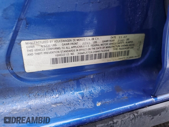2008 Volkswagen Jetta GLI z VIN 3VWDJ71K28M076994, wystawiony jako Copart lot #45211155 z przebiegiem 165 838 mil mil oraz Szkoda całkowita • Salvage title. Historia ofert i sprzedaży dostępna na DreamBid. Obrazek 12.