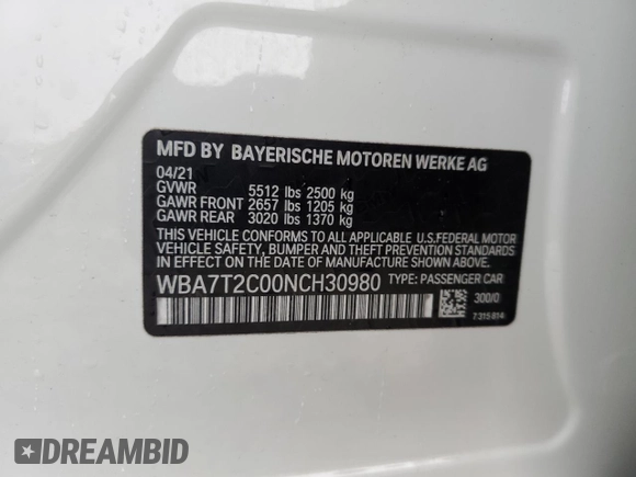 2022 BMW 7 Series 740i with VIN WBA7T2C00NCH30980, listed as a Copart auction lot 62214905 with 37,310 mi miles and Non repairable. Bid and sale history available at DreamBid. Image 12.