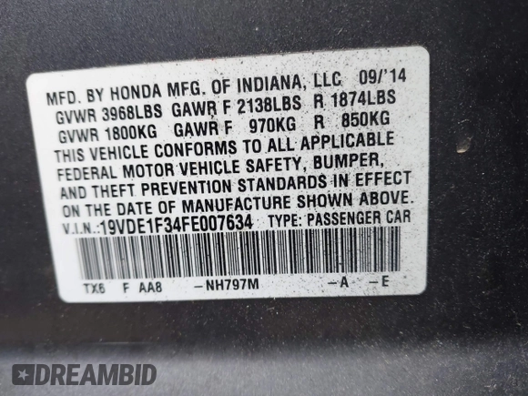 2015 Acura ILX with VIN 19VDE1F34FE007634, listed as a IAAI auction lot 41912042 with 119,977 mi miles. Bid and sale history available at carsss.com. Image 9.