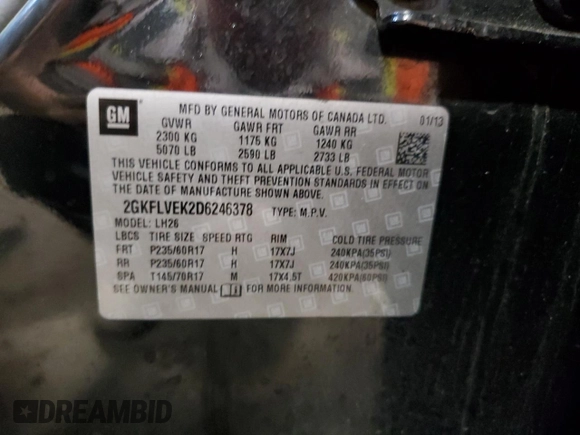 2013 GMC Terrain SLT with VIN 2GKFLVEK2D6246378, listed as a Copart auction lot 56711495 with 144,359 mi miles and Salvage title. Bid and sale history available at DreamBid. Image 13.