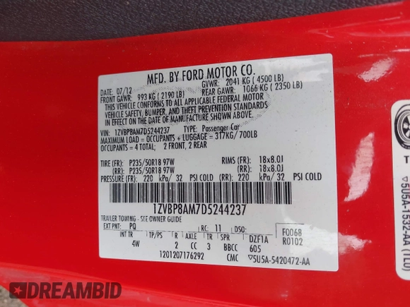 2013 Ford Mustang V6 with VIN 1ZVBP8AM7D5244237, listed as a IAAI auction lot 42147696 with 121,292 mi miles and . Bid and sale history available at DreamBid. Image 9.
