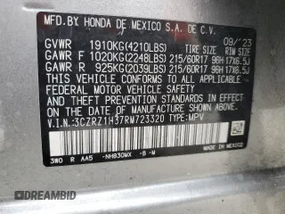 2024 Honda HR-V LX with VIN 3CZRZ1H37RM723320, listed as a Copart auction lot 50589855 with 25,219 mi miles and Salvage Title. Bid and sale history available at DreamBid. Image 14.