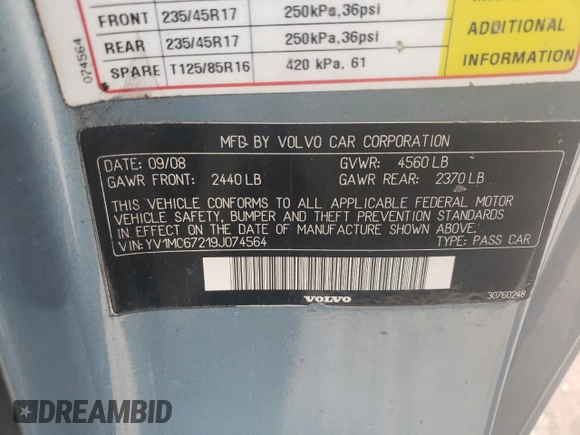 2009 Volvo C70 z VIN YV1MC67219J074564, wystawiony jako Copart lot #85817294 z przebiegiem 129 342 mil mil oraz Nie do naprawy • Non repairable. Historia ofert i sprzedaży dostępna na DreamBid. Obrazek 12.
