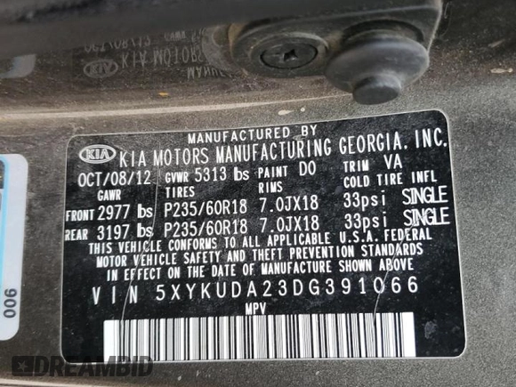 2013 Kia Sorento EX with VIN 5XYKUDA23DG391066, listed as a Copart auction lot 44636745 with 229,094 mi miles and Salvage Title. Bid and sale history available at carsss.com. Image 14.