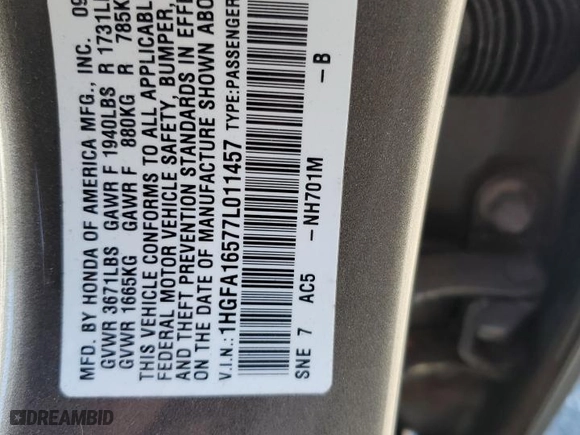 2007 Honda Civic Sdn LX with VIN 1HGFA16577L011457, listed as a Copart auction lot 53303625 with 103,272 mi miles and Salvage Title. Bid and sale history available at carsss.com. Image 12.