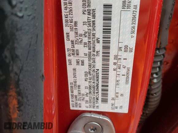 2022 Ford Escape Titanium with VIN 1FMCU9J94NUA90574, listed as a Copart auction lot 56940865 with 23,795 mi miles and Non repairable. Bid and sale history available at DreamBid. Image 12.