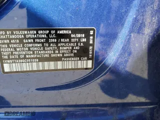 2016 Volkswagen Passat 1.8T SE w/Technology with VIN 1VWBT7A36GC051039, listed as a Copart auction lot 43184315 with 111,682 mi miles and Salvage Title. Bid and sale history available at carsss.com. Image 14.