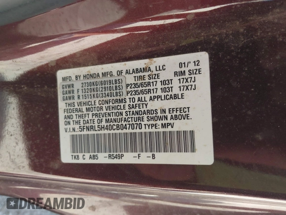 2012 Honda Odyssey EX с VIN 5FNRL5H40CB047070, выставлен на аукционе IAAI как лот 41817134 с пробегом 141 978 миль миль и . История ставок и продаж доступна на DreamBid. Изображение 9.