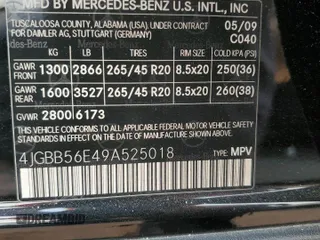 2009 Mercedes-Benz M 3.5L with VIN 4JGBB56E49A525018, listed as a Copart auction lot 41614175 with 154,428 mi miles and Salvage Title. Bid and sale history available at carsss.com. Image 12.