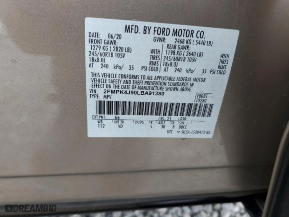 2020 Ford Edge SEL with VIN 2FMPK4J90LBA91380, listed as a Copart auction lot 45867835 with 64,542 mi miles and Salvage Title. Bid and sale history available at carsss.com. Image 16.