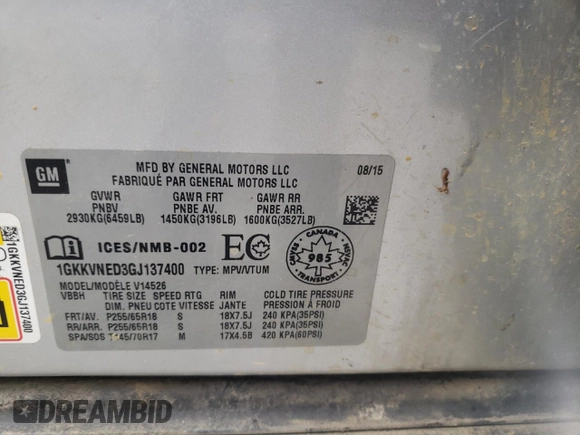 2016 GMC Acadia SLE with VIN 1GKKVNED3GJ137400, listed as a Copart auction lot 88494995 with 192,592 mi miles and Salvage title. Bid and sale history available at DreamBid. Image 13.