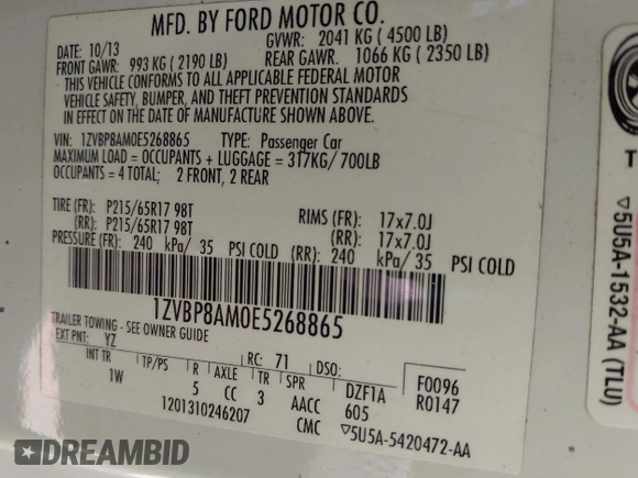 2014 Ford Mustang V6 with VIN 1ZVBP8AM0E5268865, listed as a IAAI auction lot 41884812 with 128,977 mi miles. Bid and sale history available at carsss.com. Image 9.