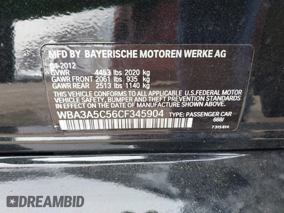 2012 BMW 3 Series 328i with VIN WBA3A5C56CF345904, listed as a IAAI auction lot 41992572 with 136,672 mi miles. Bid and sale history available at carsss.com. Image 9.