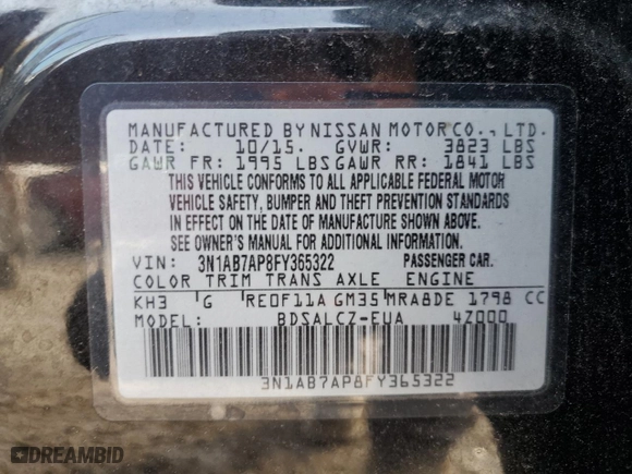 2015 Nissan Sentra S with VIN 3N1AB7AP8FY365322, listed as a Copart auction lot 43971355 with 77,075 mi miles and Salvage Title. Bid and sale history available at carsss.com. Image 13.