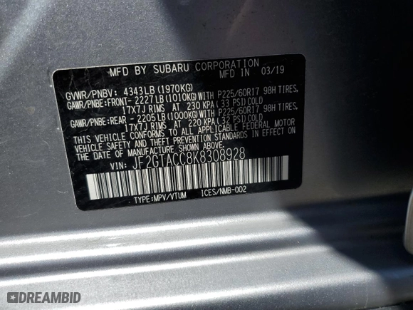 2019 Subaru Crosstrek Premium with VIN JF2GTACC8K8308928, listed as a Copart auction lot 61368944 with 50,593 mi miles and Salvage Title. Bid and sale history available at carsss.com. Image 13.