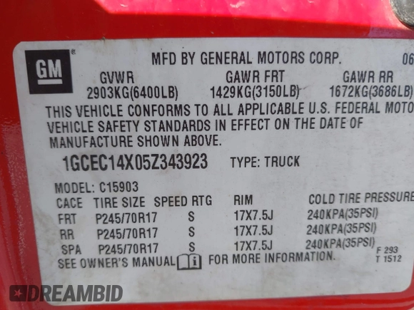 2005 Chevrolet Silverado 1500 with VIN 1GCEC14X05Z343923, listed as a IAAI auction lot 41894383 with 232,169 mi miles and . Bid and sale history available at DreamBid. Image 9.