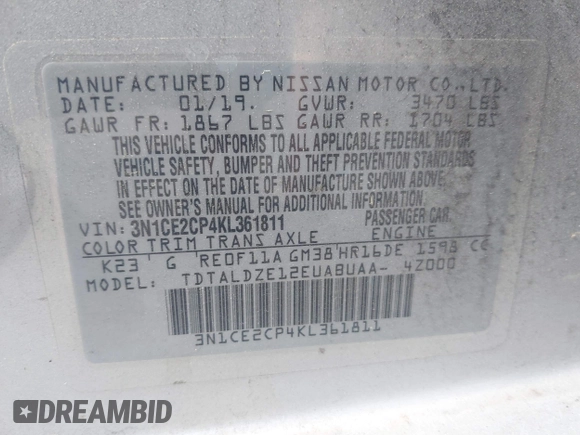 2019 Nissan Note SV с VIN 3N1CE2CP4KL361811, выставлен на аукционе IAAI как лот 42276307 с пробегом 60 744 миль миль и . История ставок и продаж доступна на DreamBid. Изображение 9.