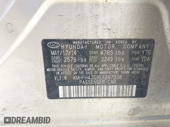 2014 Hyundai Azera Limited z VIN KMHFH4JG9EA397338, wystawiony jako IAAI lot #42352208 z przebiegiem 90 253 mil mil oraz . Historia ofert i sprzedaży dostępna na DreamBid. Obrazek 9.