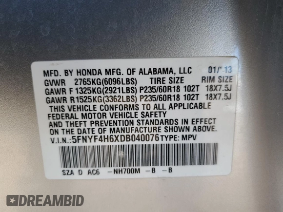 2013 Honda Pilot EX-L with VIN 5FNYF4H6XDB040076, listed as a Copart auction lot 85567384 with 162,240 mi miles and Salvage Title. Bid and sale history available at carsss.com. Image 14.