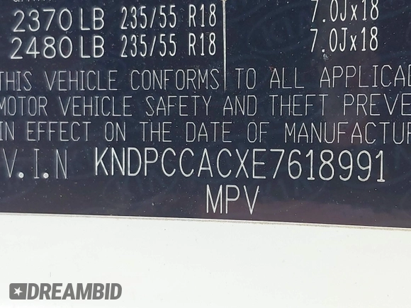 2014 Kia Sportage EX with VIN KNDPCCACXE7618991, listed as a IAAI auction lot 42413938 with 204,494 mi miles and . Bid and sale history available at DreamBid. Image 9.