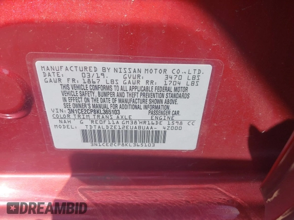 2019 Nissan Note SV with VIN 3N1CE2CP8KL365103, listed as a IAAI auction lot 42219489 with 71,365 mi miles and . Bid and sale history available at DreamBid. Image 9.