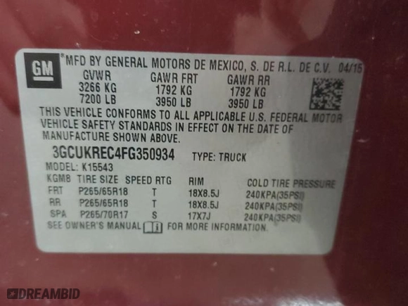 2015 Chevrolet Silverado 1500 LT with VIN 3GCUKREC4FG350934, listed as a Copart auction lot 51062065 with 138,353 mi miles and Salvage Title. Bid and sale history available at carsss.com. Image 13.