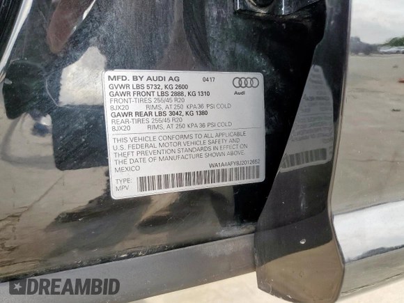 2018 Audi SQ5 Premium Plus with VIN WA1A4AFY8J2012652, listed as a Copart auction lot 61396805 with 100,679 mi miles and Clean title. Bid and sale history available at DreamBid. Image 12.