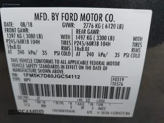 2018 Ford Explorer XLT z VIN 1FM5K7D80JGC54112, wystawiony jako IAAI lot #41947904 z przebiegiem 126 800 mil mil oraz . Historia ofert i sprzedaży dostępna na DreamBid. Obrazek 9.