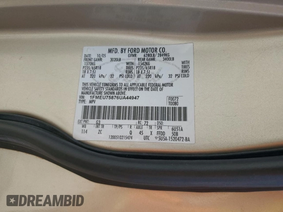 2006 Ford Explorer Limited z VIN 1FMEU75876UA44947, wystawiony jako Copart lot #55494485 z przebiegiem 326 625 mil mil oraz Szkoda całkowita • Salvage title. Historia ofert i sprzedaży dostępna na DreamBid. Obrazek 13.