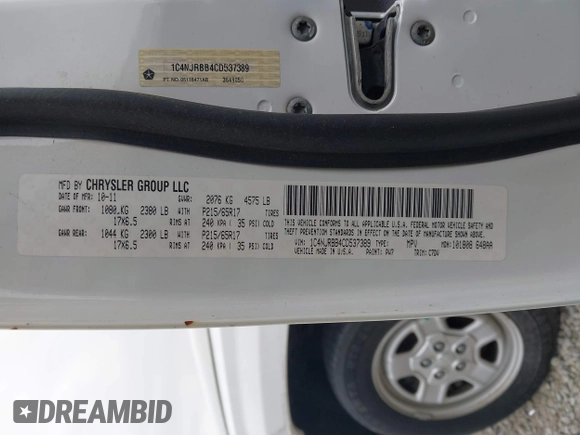 2012 Jeep Patriot Sport with VIN 1C4NJRBB4CD537389, listed as a IAAI auction lot 42462748 with 179,558 mi miles and . Bid and sale history available at DreamBid. Image 9.