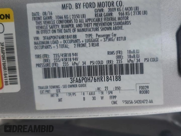 2017 Ford Fusion SE z VIN 3FA6P0H76HR184188, wystawiony jako Copart lot #60719075 z przebiegiem 105 377 mil mil oraz Czysty tytuł • Clean title. Historia ofert i sprzedaży dostępna na DreamBid. Obrazek 12.
