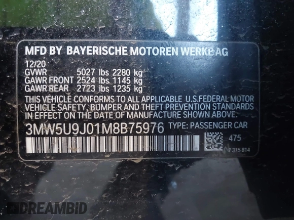 2021 BMW 3 Series M340i xDrive with VIN 3MW5U9J01M8B75976, listed as a IAAI auction lot 41664051 with 90,155 mi miles. Bid and sale history available at carsss.com. Image 9.