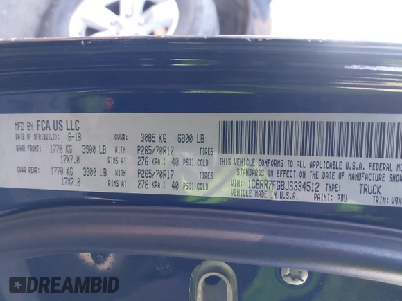 2018 Ram 1500 Express with VIN 1C6RR7FG8JS334512, listed as a IAAI auction lot 41868580 with 80,117 mi miles and . Bid and sale history available at DreamBid. Image 9.