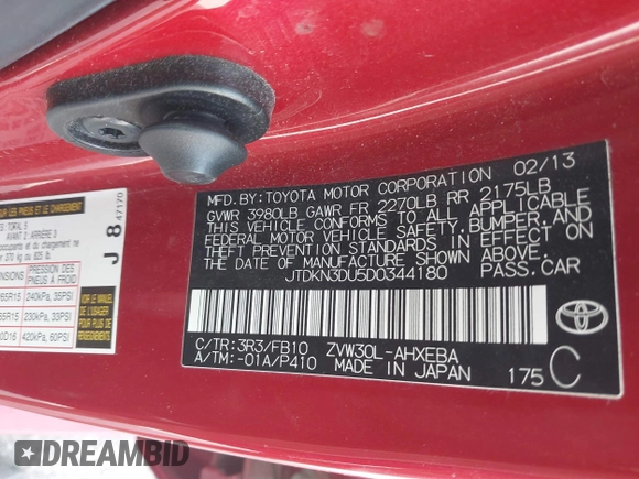2013 Toyota Prius One with VIN JTDKN3DU5D0344180, listed as a IAAI auction lot 41961084 with 90,173 mi miles and . Bid and sale history available at DreamBid. Image 9.