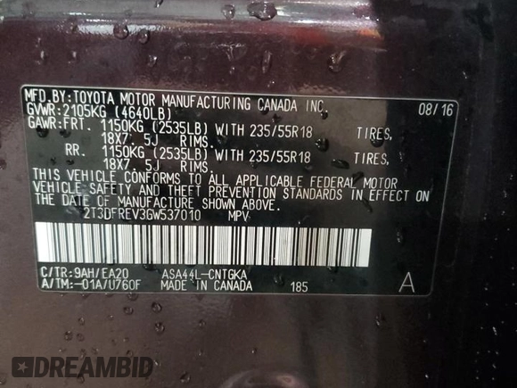 2016 Toyota RAV4 Limited with VIN 2T3DFREV3GW537010, listed as a Copart auction lot 52183005 with 133,558 mi miles and Salvage title. Bid and sale history available at DreamBid. Image 14.