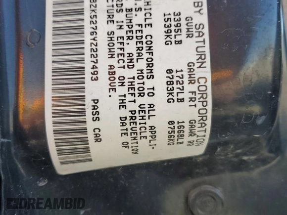 2000 Saturn SL with VIN 1G8ZK5276YZ227493, listed as a Copart auction lot 48172835 with 105,806 mi miles and Salvage title. Bid and sale history available at DreamBid. Image 14.