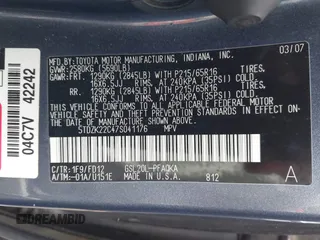 2007 Toyota Sienna XLE z VIN 5TDZK22C47S041176, wystawiony jako IAAI lot #42188204 z przebiegiem 205 203 mil mil oraz . Historia ofert i sprzedaży dostępna na DreamBid. Obrazek 9.