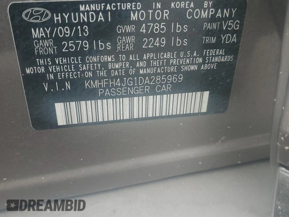 2013 Hyundai Azera z VIN KMHFH4JG1DA285969, wystawiony jako Copart lot #51234205 z przebiegiem 64 342 mil mil oraz Czysty tytuł • Clean title. Historia ofert i sprzedaży dostępna na DreamBid. Obrazek 12.