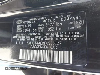 2015 Hyundai Accent GLS with VIN KMHCT4AE8FU936127, listed as a IAAI auction lot 42182291 with 161,828 mi miles and . Bid and sale history available at DreamBid. Image 9.